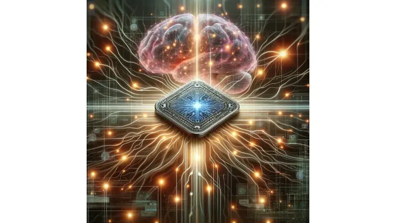 התמונה המתארת ​​את שבב המוח האלחוטי Neuralink עם רקע רשת עצבית פעילה ואלמנטים