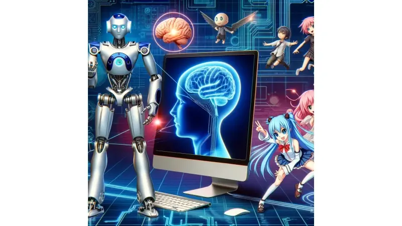 רובוט חכם, מחשב עם חוטים מחוברים למוח אנושי, ואיור של דמויות אנימה, כדי למחיש את החיבור בין טכנולוגיה, פרטיות, ובידור